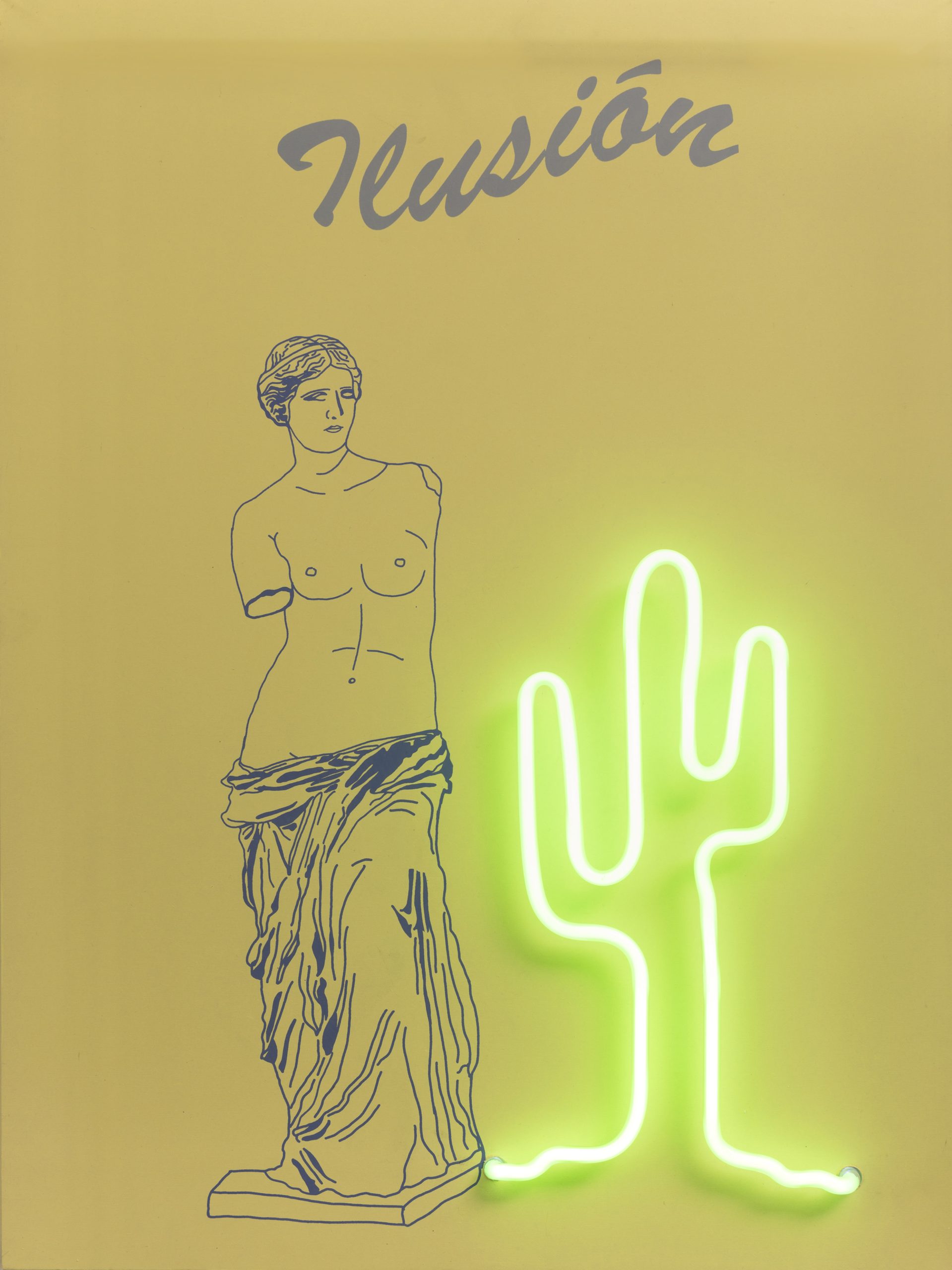Imagen cortesía de Paloma Castello. Ilusión, de la serie NeÓn-Clásicos. Serigrafía con luces de neón. 61 x 46 x 15 cm. 2019. https://www.palomacastello.com